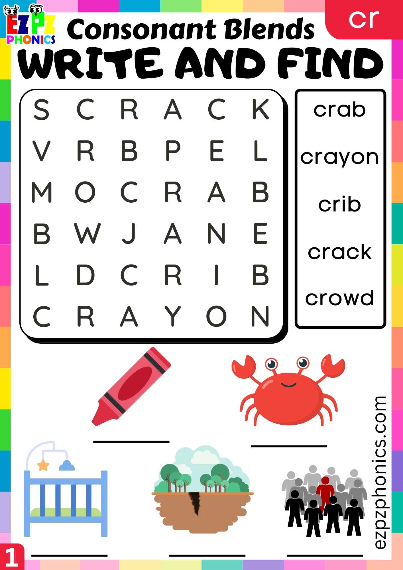 Group1 CR Words Write And Find Phonics Consonant Blends Worksheet